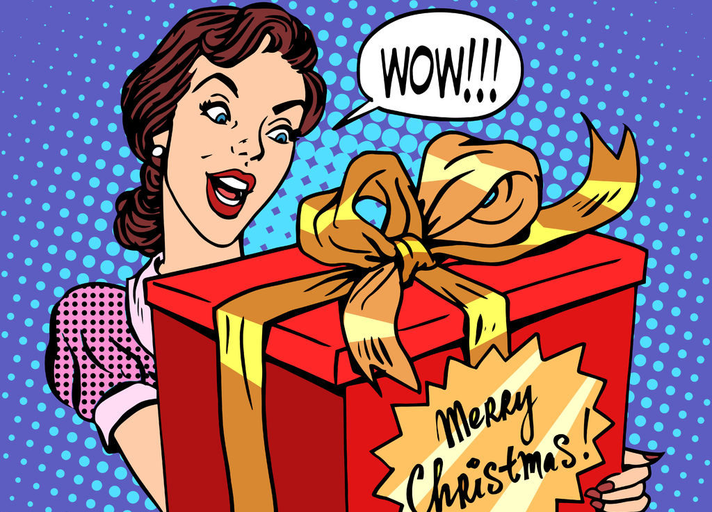 Pop Art Woman with Christmas Gift e1510632339324