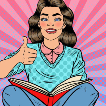 Pop Art Young Woman Sitting and Reading Book with Hand Sign Thumb Up e1516058983957