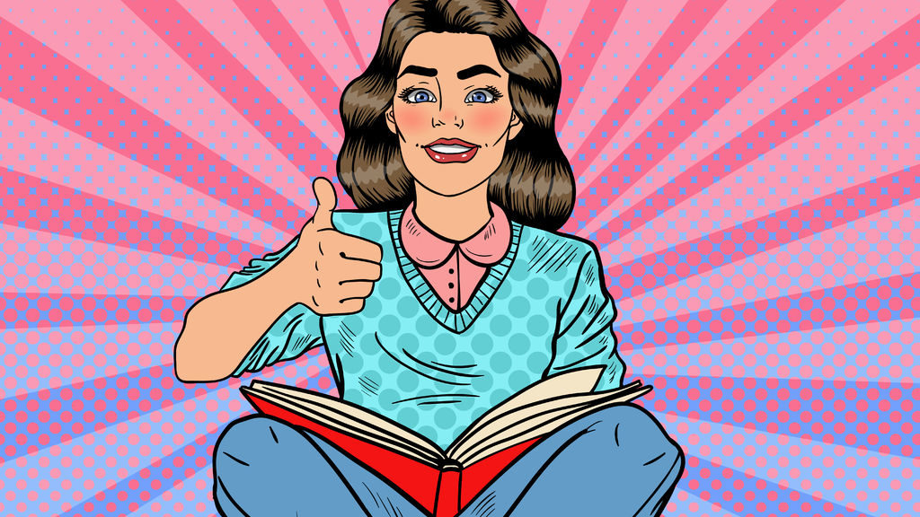 Pop Art Young Woman Sitting and Reading Book with Hand Sign Thumb Up e1516058983957