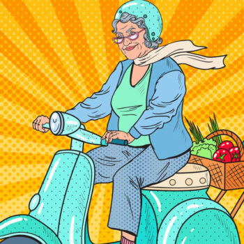 Pop Art Senior Woman Riding Scooter e1570866857578