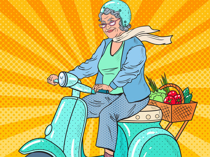 Pop Art Senior Woman Riding Scooter e1570866857578