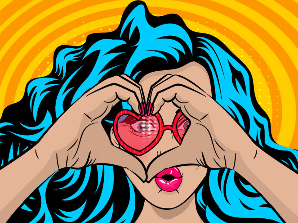 Woman blue hair heart glasses
