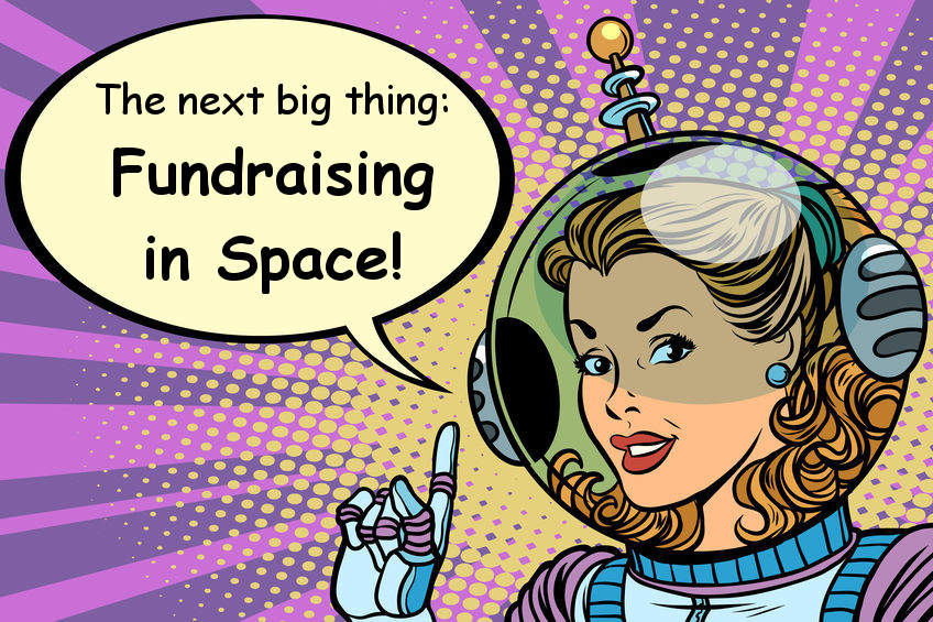 Pop Art Astronaut Woman Saying Fundraising in Space