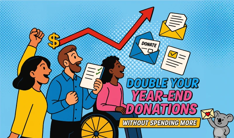 Design for the Double Your Year-End Donations workshop, with a number of fundraisers looking at email and direct mail packs and a graph line going up