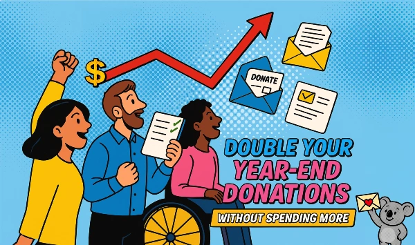 Design for the Double Your Year-End Donations workshop, with a number of fundraisers looking at email and direct mail packs and a graph line going up